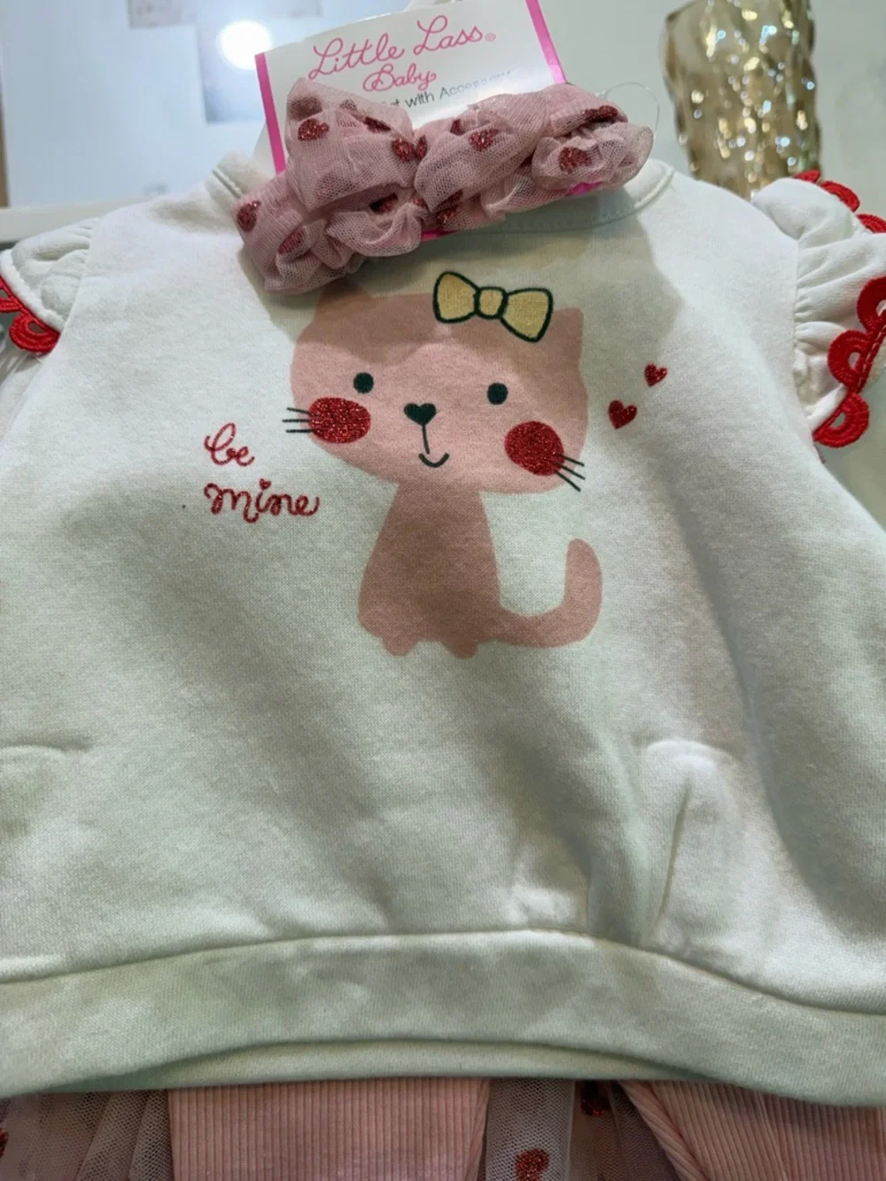 Little Lass Pink and Red Glitter Kitten Matching Set with Bow skirt top bottom - Picture 10 of 10